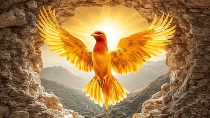 Golden bird soaring through mountain pass