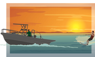 water skiing, male skier pulled behind by a speed boat over open water with a beautiful sunset in the background