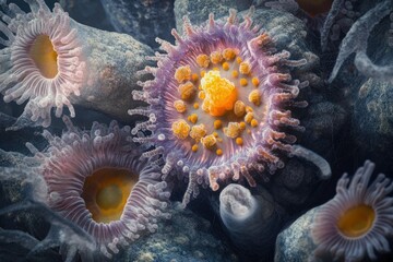 Obraz premium Microscopic view of vibrant sea anemones, showcasing intricate details and textures of their polyps.