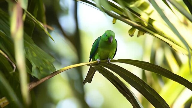 Lush Green Parrot Perched on Leaf with Gold Speckles in Natural Sunlight Setting