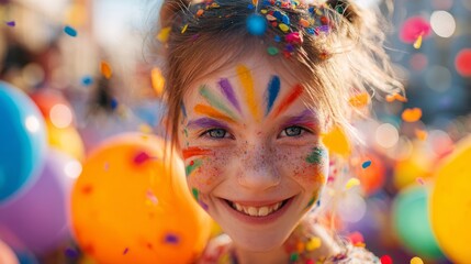 Fototapeta premium A joyful child with colorful face paint and rainbow balloons, celebrating happiness and innocence on International Children's Day. 