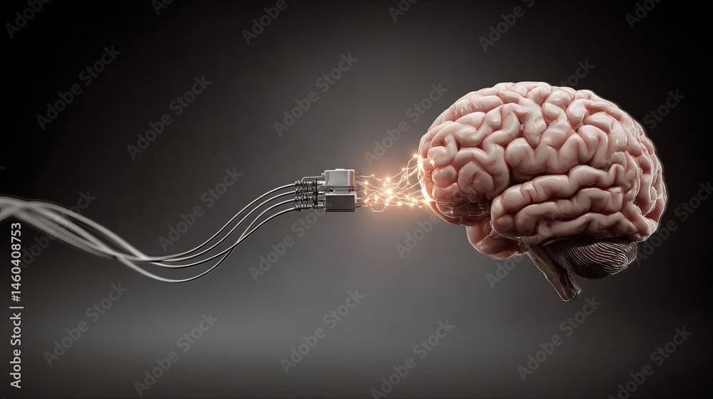Wall mural human brain connected to technology wires neural network digital interface 3d dark gray data light