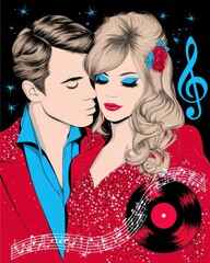 Retro Romantic Scene Featuring a Stylish Couple in Vintage Glamour with Musical Notes and a Vinyl Record, Reflecting Classic Pop Culture Aesthetics