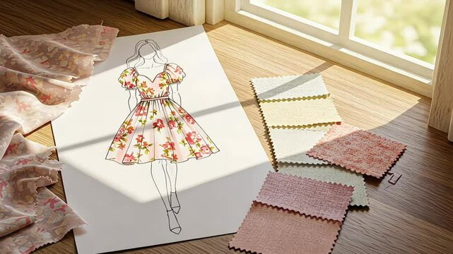Fashion Design Workspace - Fabric swatches and fashion sketches on a desk