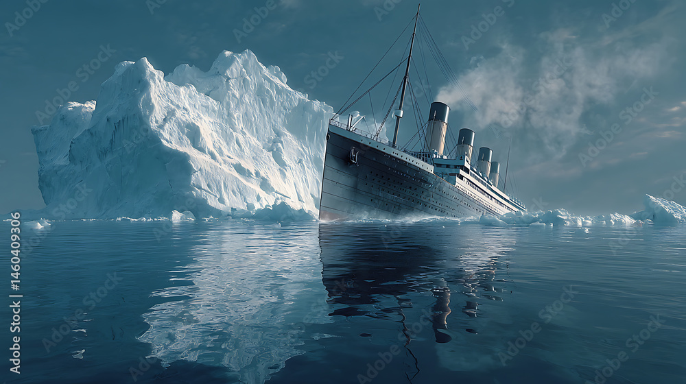 Poster sinking titanic in front of iceberg