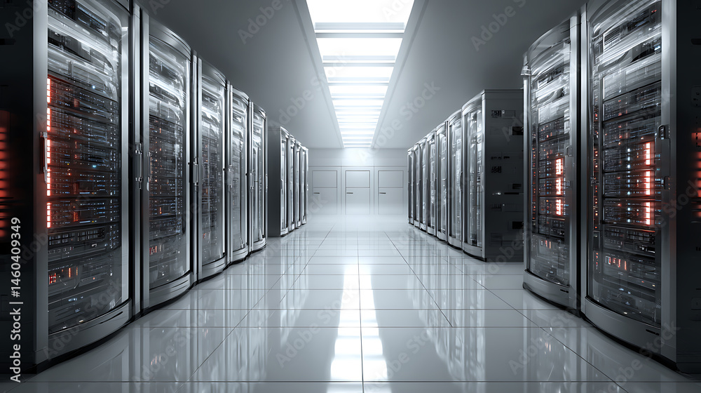 Poster Server racks in computer network security server room data center, contemporary background, network server room with computers, technology and telecommunication consept