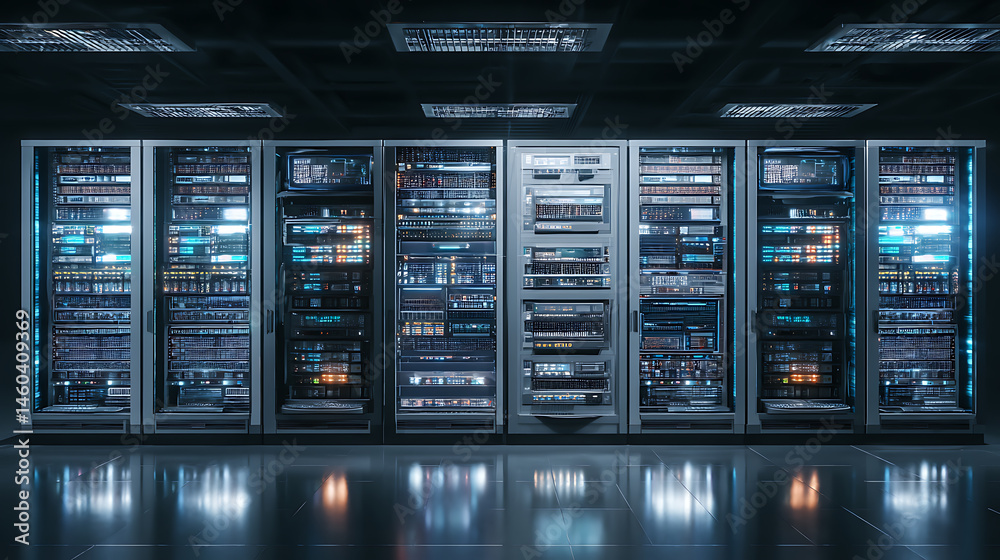 Poster Server racks in computer network security server room data center, contemporary background, network server room with computers, technology and telecommunication consept