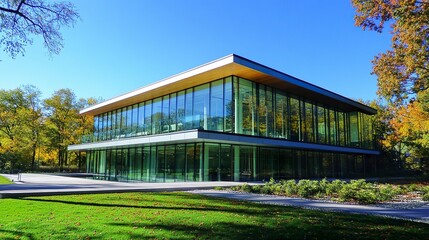 Obraz premium Modern architecture featuring glass walls and green trees in the foreground, bright sunlight highlighting the structure against a clear blue sky. 