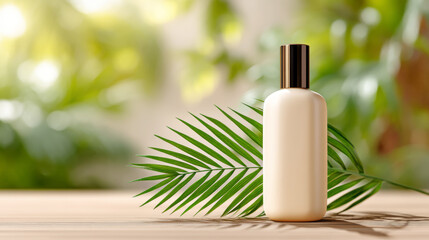 Tropical spf skincare concept with palm leaves and sunlight shadows