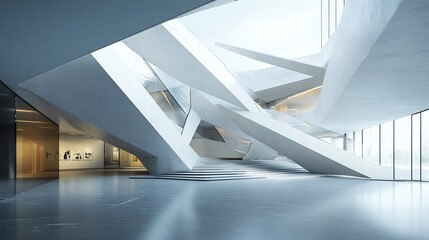 Obraz premium Modern art gallery with angular, fragmented architecture, where bold design meets creative spaces for exhibitions and events. 