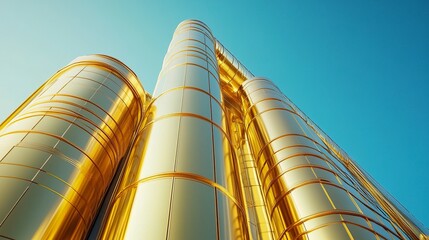 Modern building featuring shimmering gold pipes and smooth metallic panels, low-angle shot set against a bright, cloudless blue sky. 