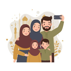 Fototapeta premium Muslim family taking selfie together with mosque background vector illustration in warm tones 