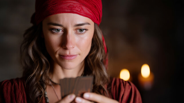 Mysterious tarot reader in flowing clothing with candlelit ambiance