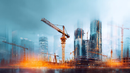 Multi exposure of industrial and building constuction city infrastructure background modern building crane and constrction equipment overlay with building engineering concept