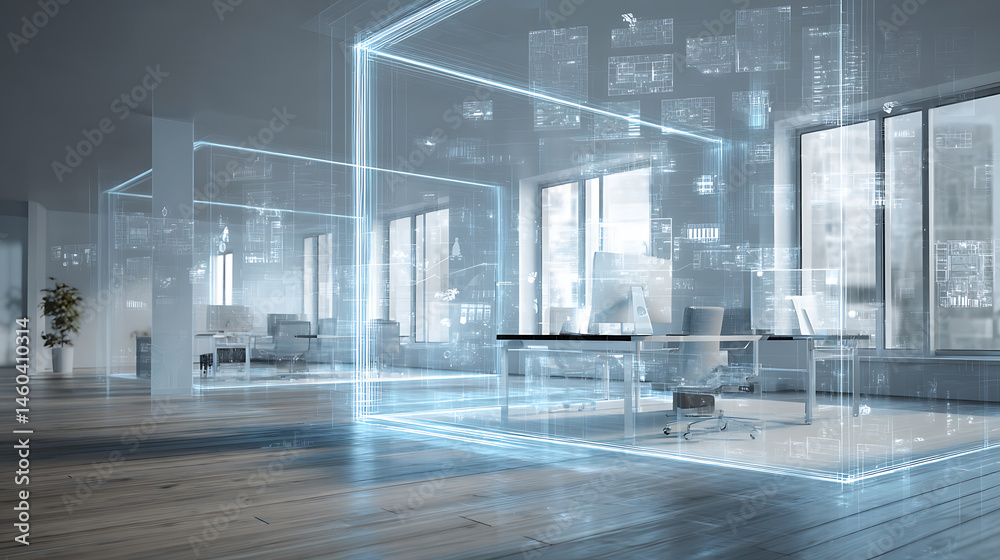 Poster modern furnished empty blurred office interior background with digital hologram, technological schem