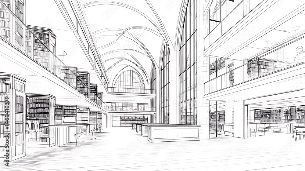 Poster Minimalist line drawing of architectural library building with open spaces and tall windows