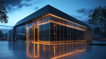 Modern data center office with a glass facade, glowing lights from within, 3D render showcasing advanced technology and innovation. 