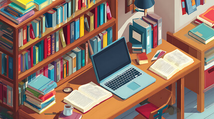 Fototapeta premium Library desk with books and laptop representing education technology and online learning, banner