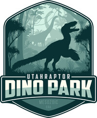 Vector label with utahraptor in jungle