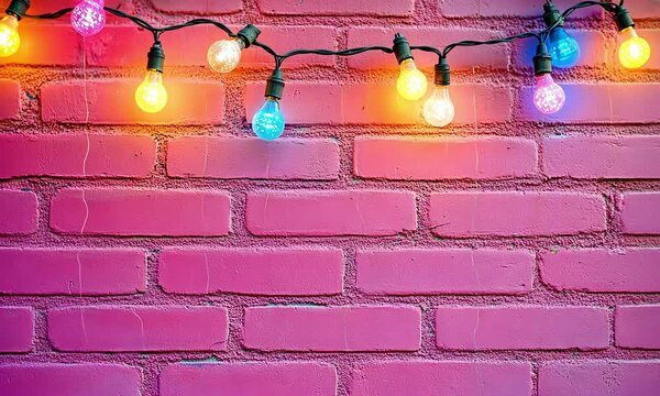 Colorful string lights strung on a pink brick wall