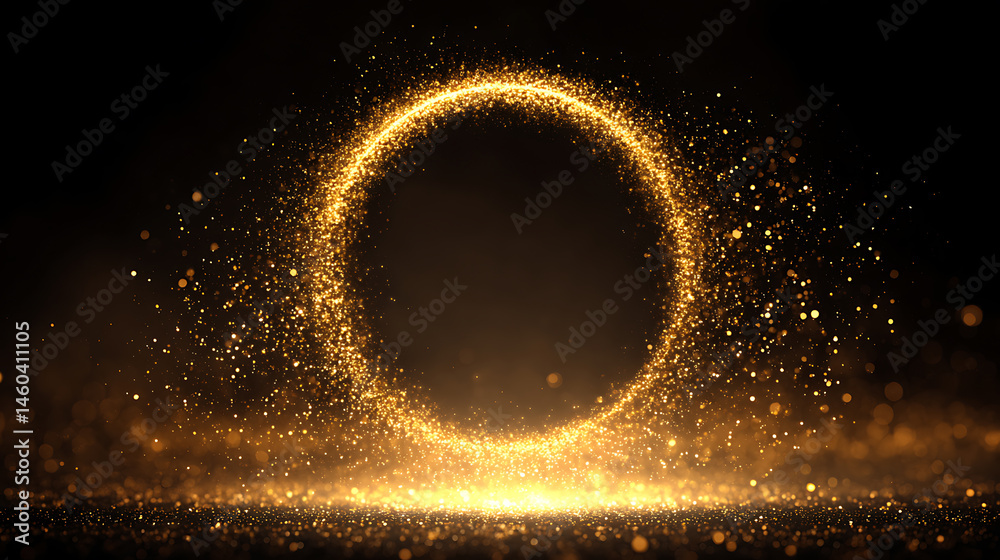 Poster gold circle frame firework confetti of light golden spark particles on black background