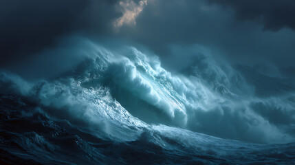 Fototapeta premium Giant tsunami waves, dark stormy sky, perfect storm, huge waves tsunami big waves