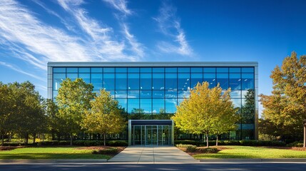 Obraz premium Modern glass office structure with vibrant green trees in front, bright sunlight enhancing the reflective design against a vivid blue sky. 