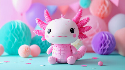 A charming axolotl toy with pink frills and a smiling face sits in a vibrant party setup, surrounded by pastel balloons, paper decorations, and star-shaped confetti. The cheerful composition evokes th