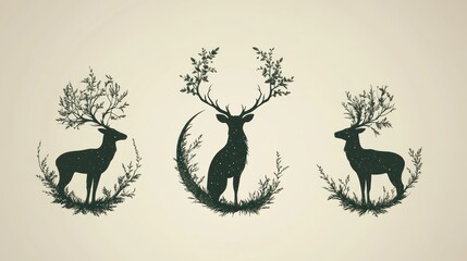 Silhouettes of deer with floral antlers in a nature scene