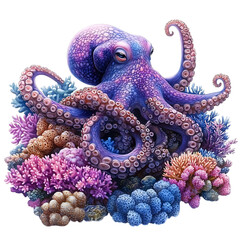 Fototapeta premium Cartoon Octopus Hiding Among Corals Isolated on Transparent Background
