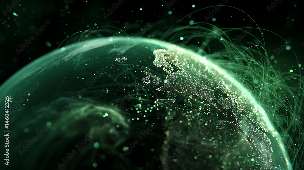 Poster virtual planet earth with particles and lines, network connection big data, abstract technology gree