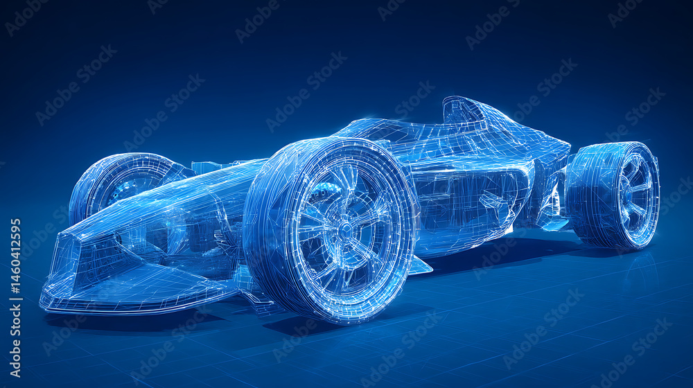 Poster the front side of the futuristic ar automobile wireframe withâ a blue background