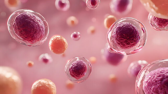 Stem cells floating on skin cell with aura pink background, skin treatment, anti, angie concept, 3d rendering