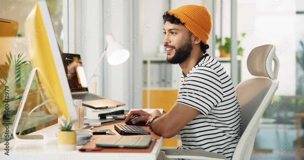 Poster Man, smile and typing at office, computer and info with review for website development at startup. Person, happy and developer by pc for feedback, perspective and check results at creative agency