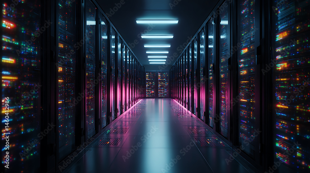 Poster Shot of corridor in working data center full of rack servers and supercomputers with internet connection visualization projection, technology, digital, futuristic, future