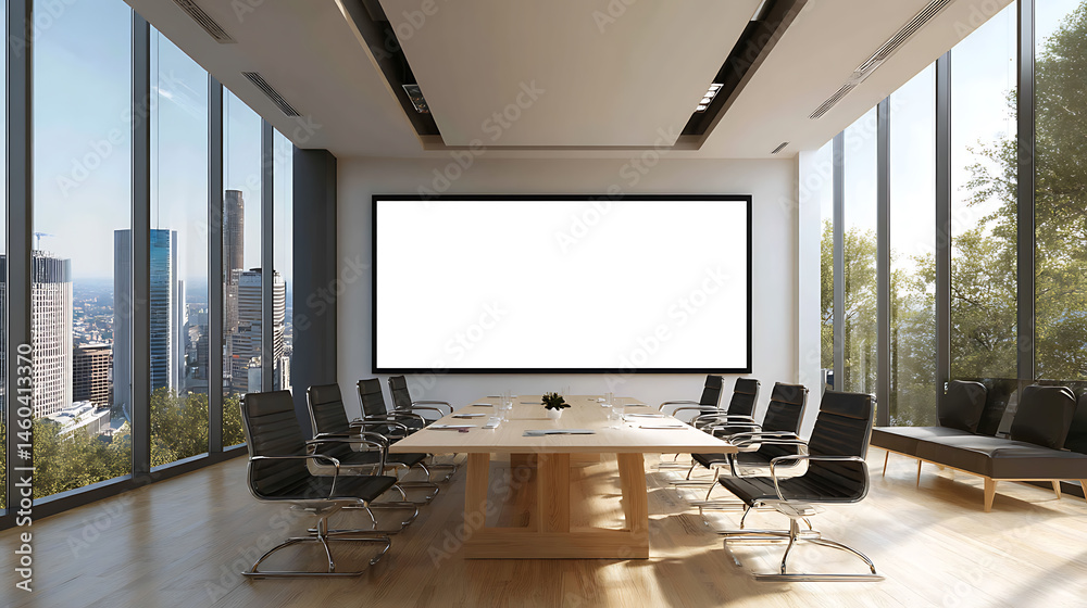 Poster realistic 3d side view of presentation screen in modern office environment, modern interior with wid