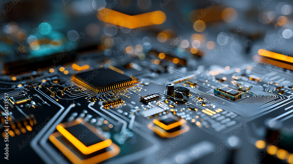Aufkleber Printed circuit board, abstract technological background made of different element printed circuit board, depth of field effect and bokeh can be used as digital dynamic wallpaper