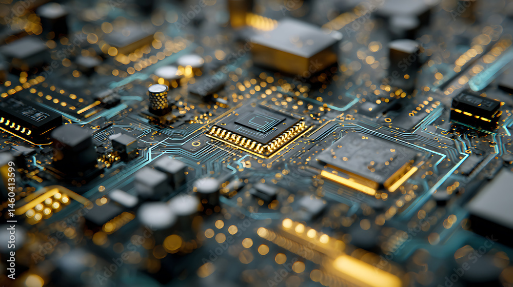Aufkleber Printed circuit board, abstract technological background made of different element printed circuit board, depth of field effect and bokeh can be used as digital dynamic wallpaper