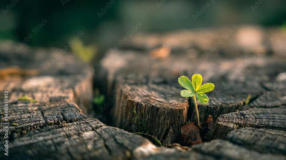 Poster new beginnings concept with small plant sprouting from old tree trunk