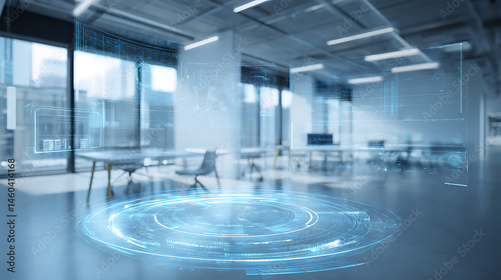 Aufkleber modern furnished empty blurred office interior background with digital hologram, technological schem