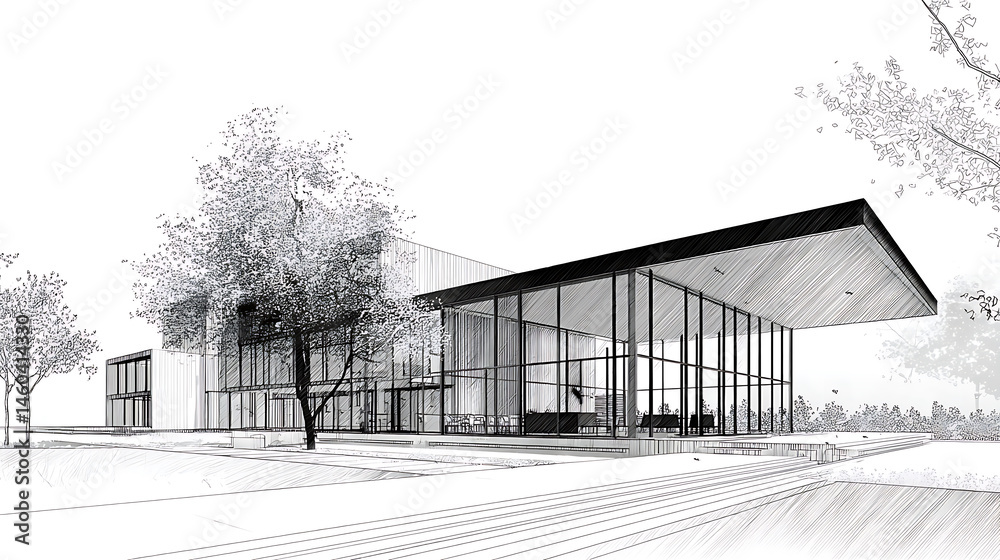 Poster Minimalist line drawing of architectural library building with open spaces and tall windows