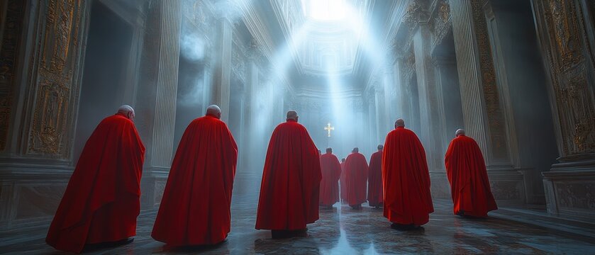 Procession of clergy at cathedral, cardinals in majestic church interior with sun rays illuminating red robes