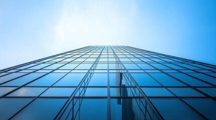 Modern office tower with a streamlined facade, reflective glass and steel design, capturing urban sophistication under natural light. 