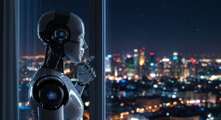 A futuristic robot contemplates a nocturnal cityscape.