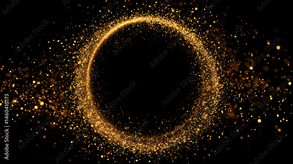 Poster gold circle frame firework confetti of light golden spark particles on black background