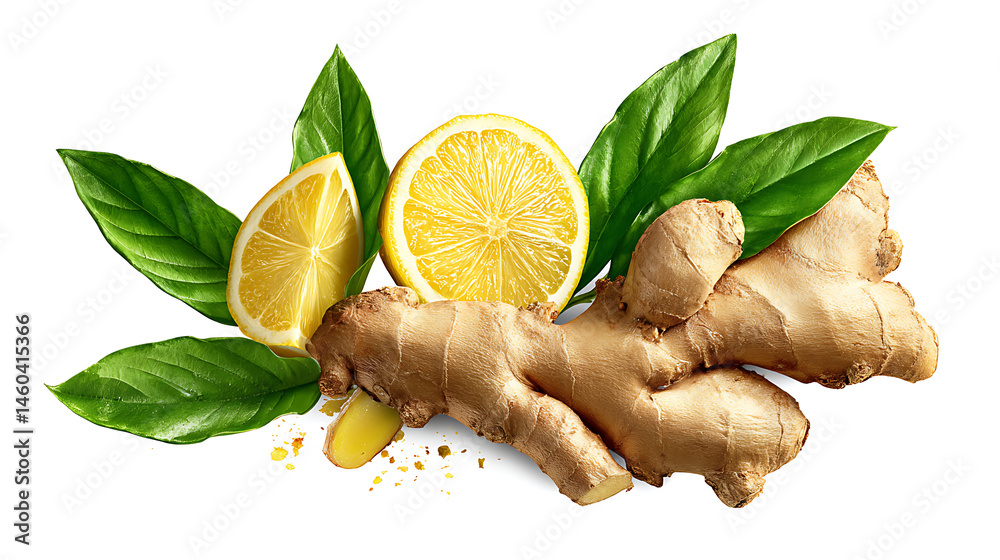 Poster fresh ginger root with green leaves and lemon wedges isolated
