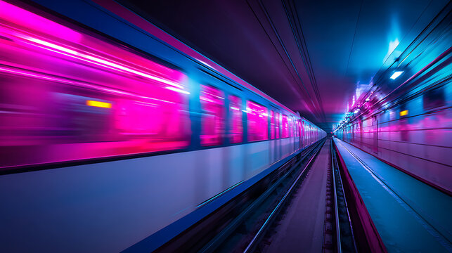 Fast underground subway train racing through the tunnels, neon pink and blue light