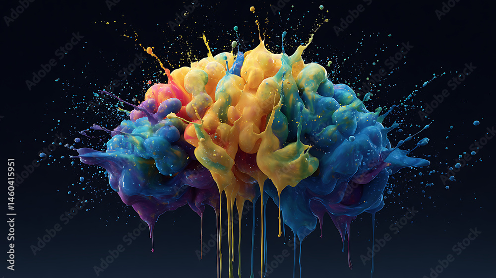 Poster Creative art brain explodes with paints with splashes on a black background, concept idea