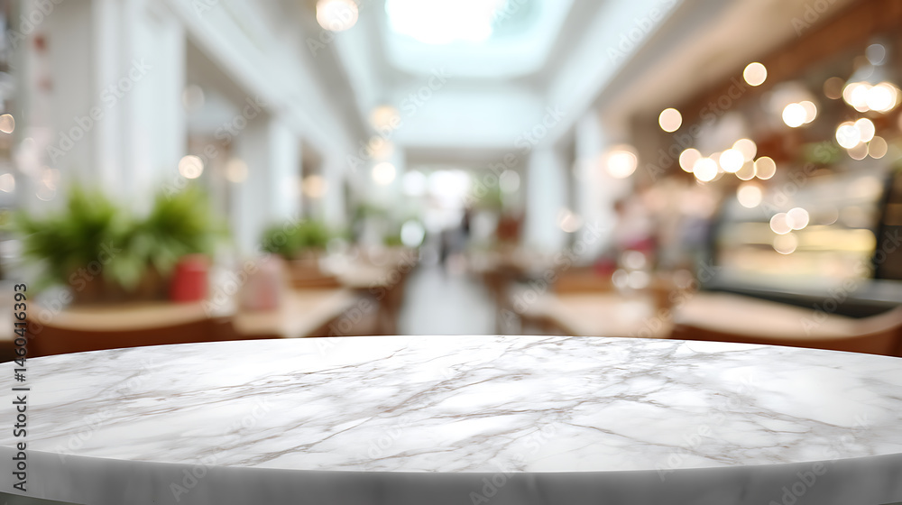 Poster white marble table top and blurred restaurant interior background with bokeh effect, can used for di
