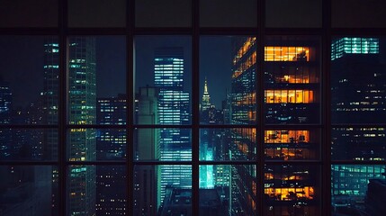 New York skyline at night featuring brightly lit skyscrapers, glowing office windows showcasing the city's iconic energy.  